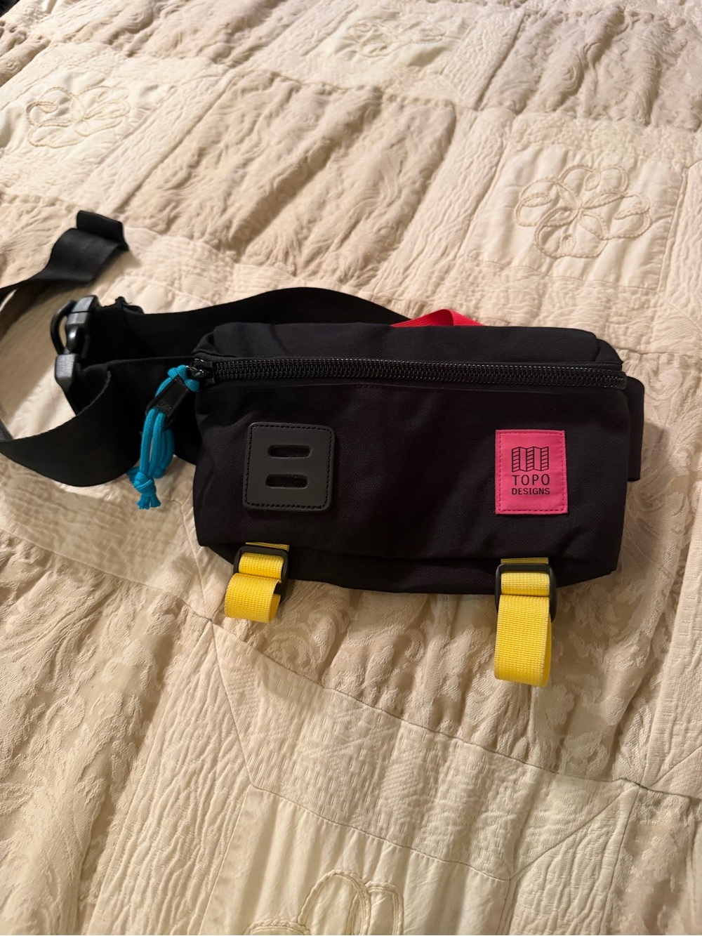 Topo Designs Black Waist Pack with Yellow Straps and Pink Logo